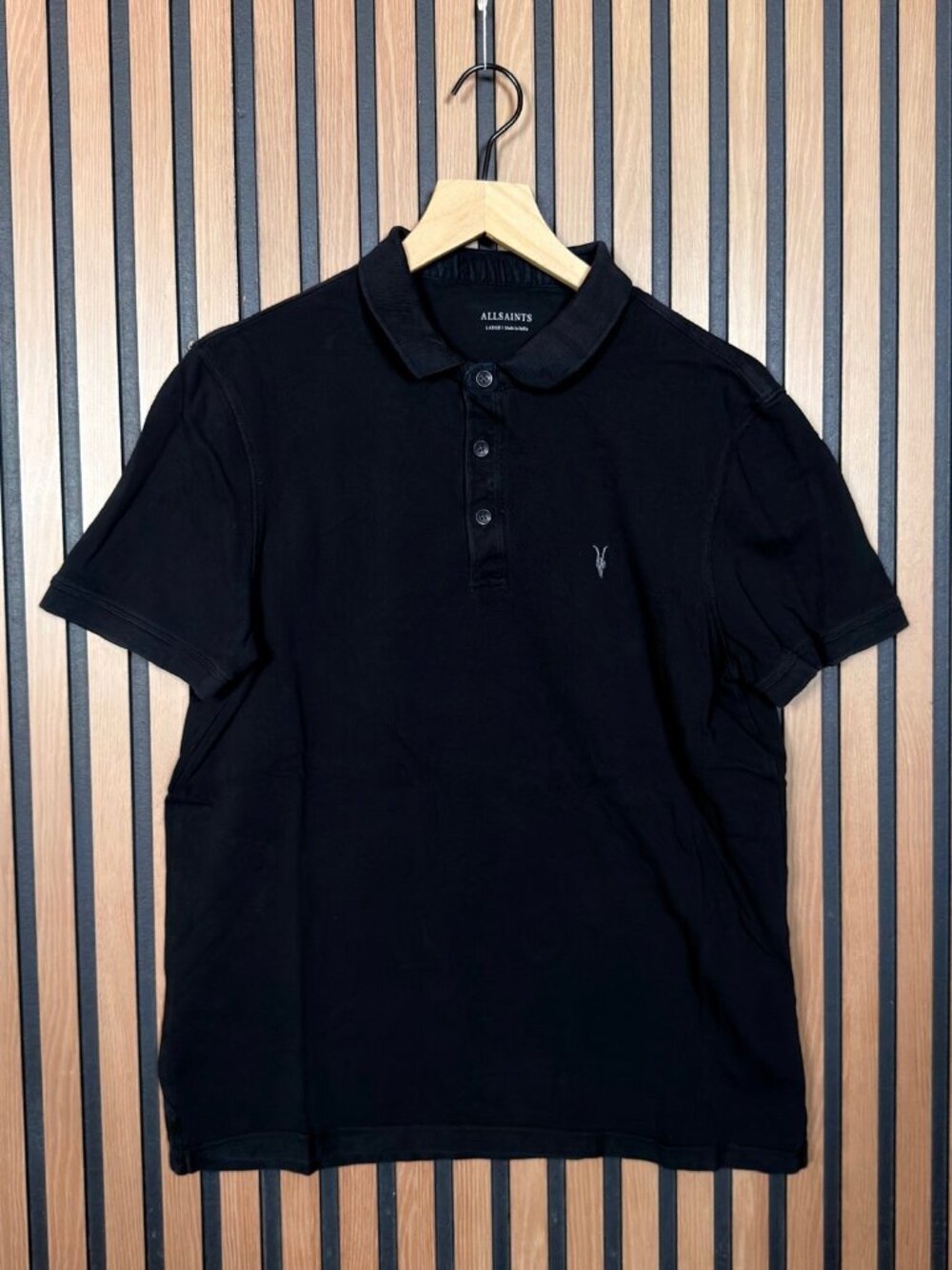 AllSaints Polo Shirt Large Black Form Short Sleeve Collared 100% Cotton RamSkull